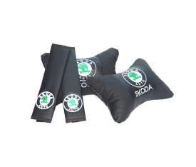 Skoda Logolu Boyun Yastığı ve Kemer Pedi Seti Lüx Suni Deri KalitePlus